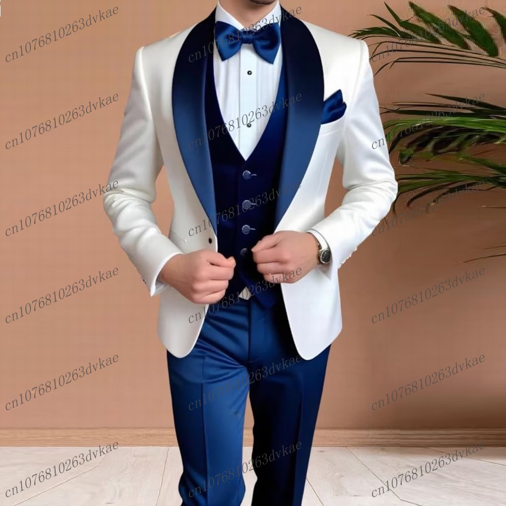 Men'S Grooming Jacket - خلات الساتان الأبيض والأزرق الداكن الرجال